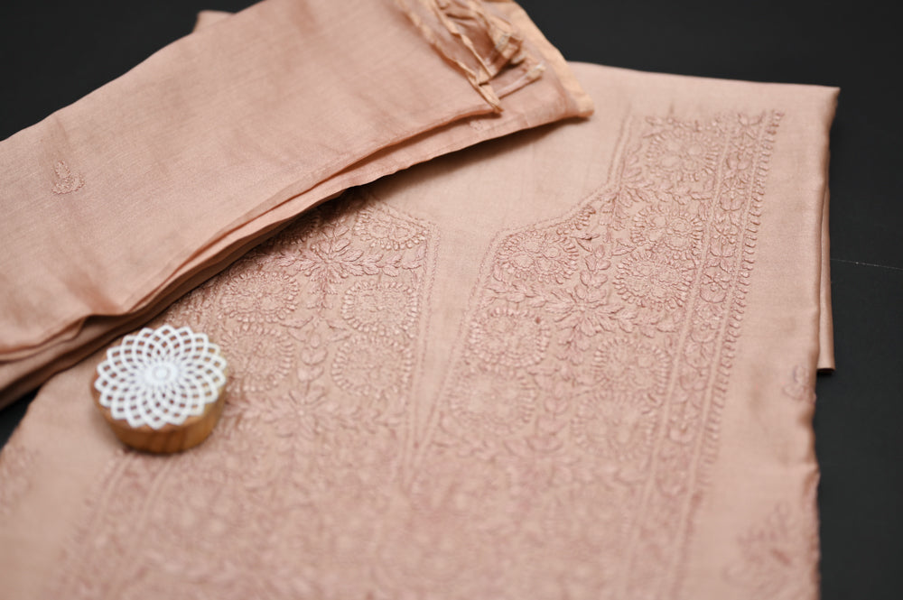 'Blush Sand' Chanderi(Cotton Silk) Unstitched Chikankari suit set