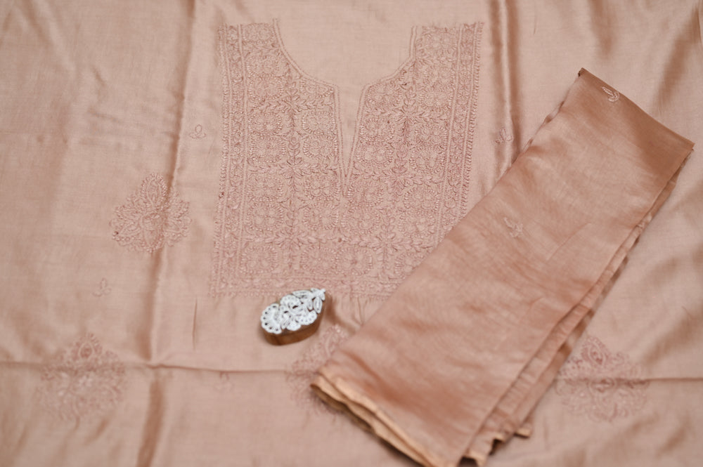 'Blush Sand' Chanderi(Cotton Silk) Unstitched Chikankari suit set