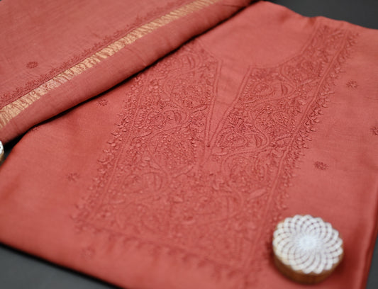 'Burnt Umber' Brown Chanderi Unstitched Chikankari Suit Set