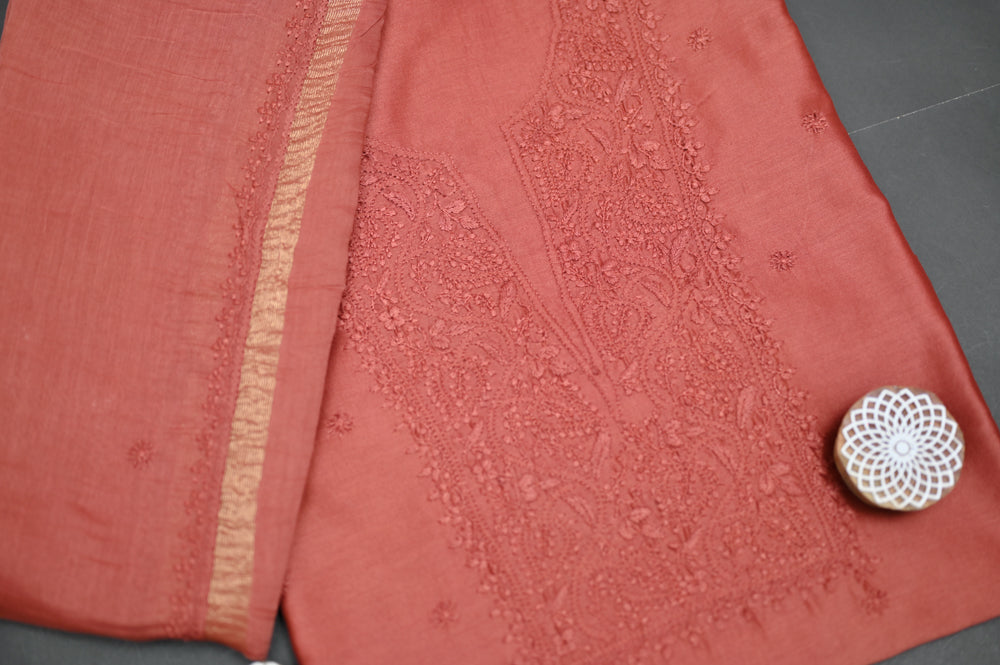 'Burnt Umber' Brown Chanderi Unstitched Chikankari Suit Set