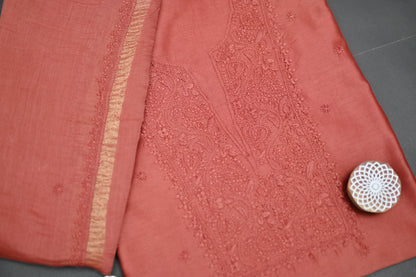 'Burnt Umber' Brown Chanderi Unstitched Chikankari Suit Set