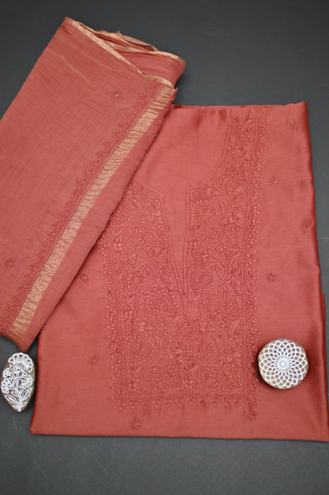 'Burnt Umber' Brown Chanderi Unstitched Chikankari Suit Set