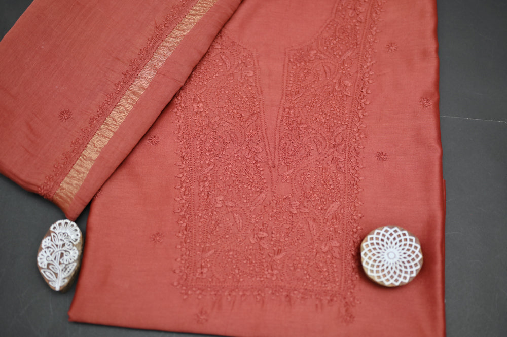'Burnt Umber' Brown Chanderi Unstitched Chikankari Suit Set