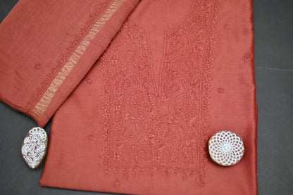 'Burnt Umber' Brown Chanderi Unstitched Chikankari Suit Set