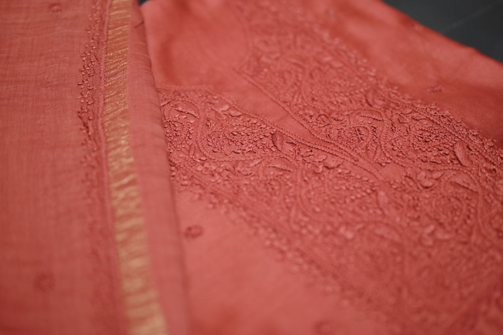 'Burnt Umber' Brown Chanderi Unstitched Chikankari Suit Set