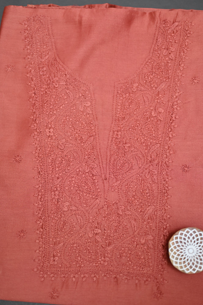 'Burnt Umber' Brown Chanderi Unstitched Chikankari Suit Set