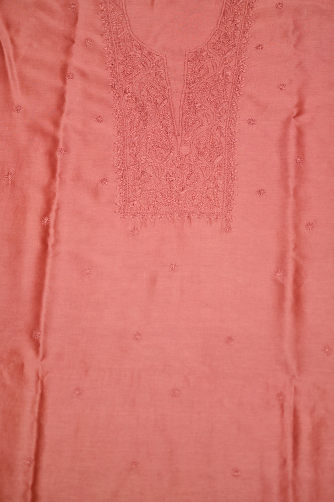 'Burnt Umber' Brown Chanderi Unstitched Chikankari Suit Set