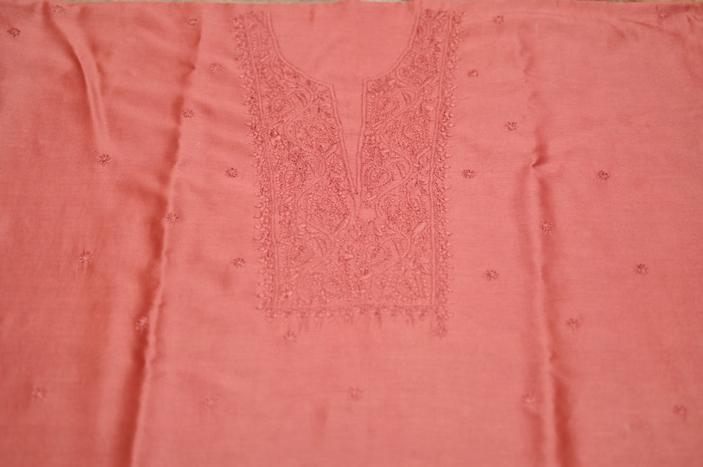'Burnt Umber' Brown Chanderi Unstitched Chikankari Suit Set