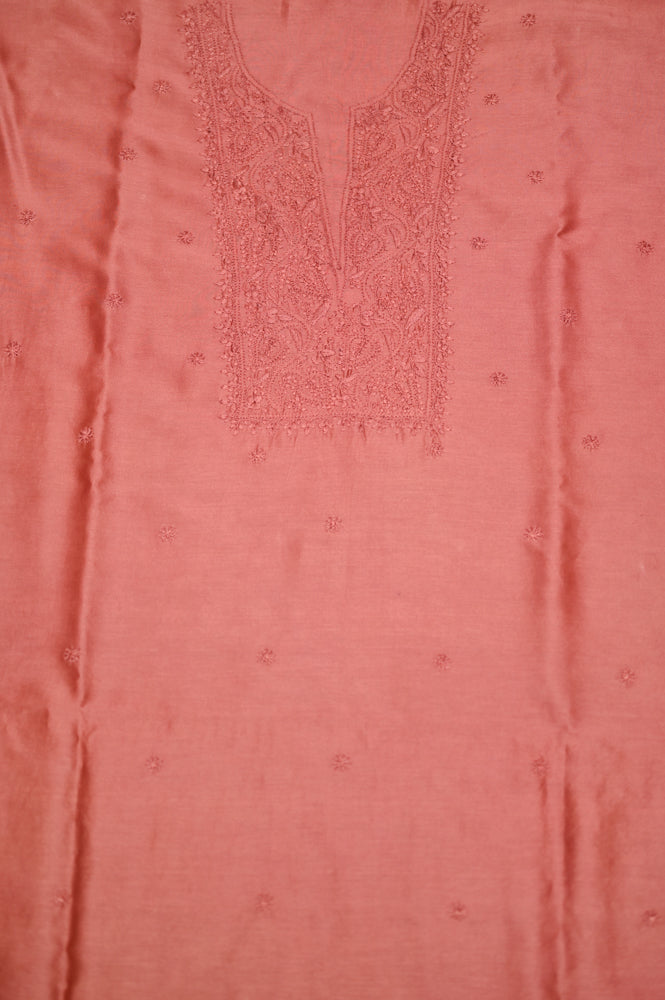 'Burnt Umber' Brown Chanderi Unstitched Chikankari Suit Set