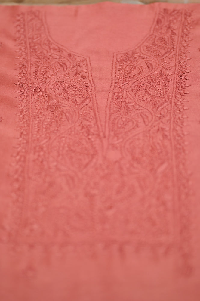 'Burnt Umber' Brown Chanderi Unstitched Chikankari Suit Set