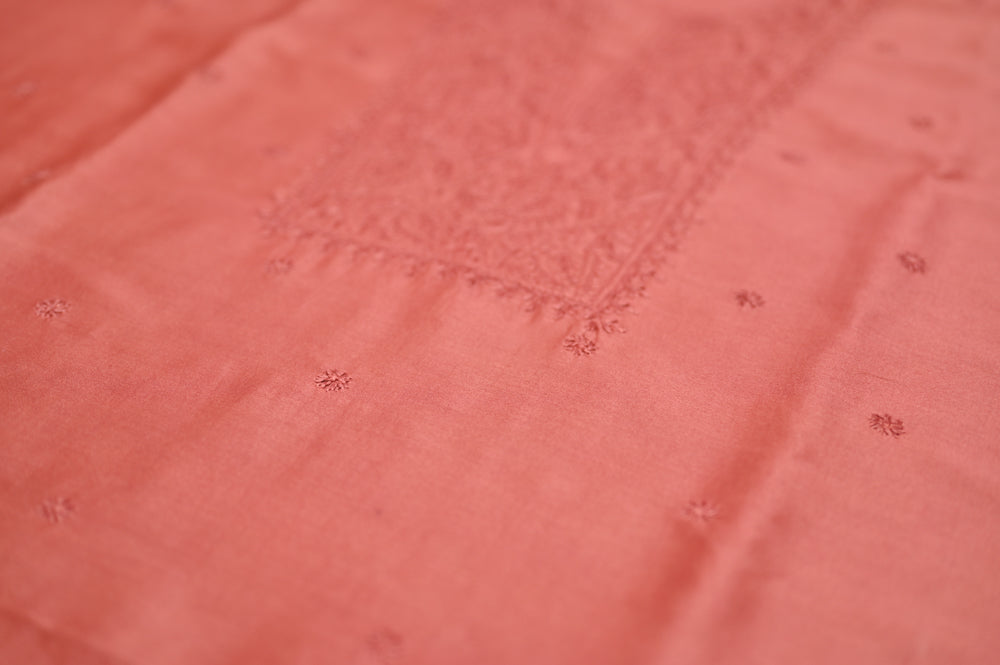 'Burnt Umber' Brown Chanderi Unstitched Chikankari Suit Set