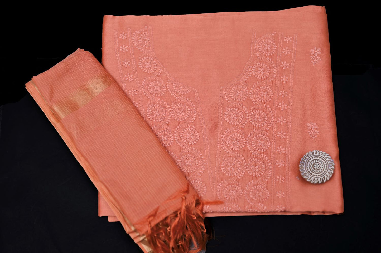 Sunset Rust Chanderi Chikankari Unstitched Suit Set
