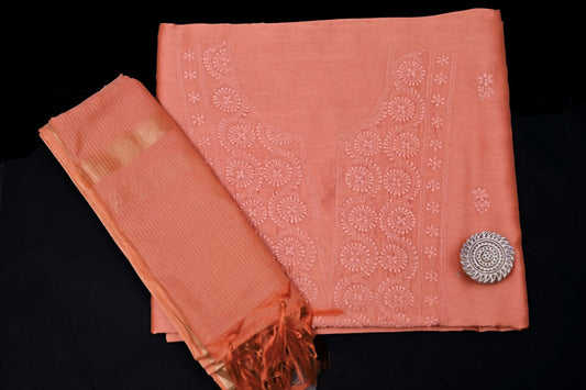 Sunset Rust Chanderi Chikankari Unstitched Suit Set