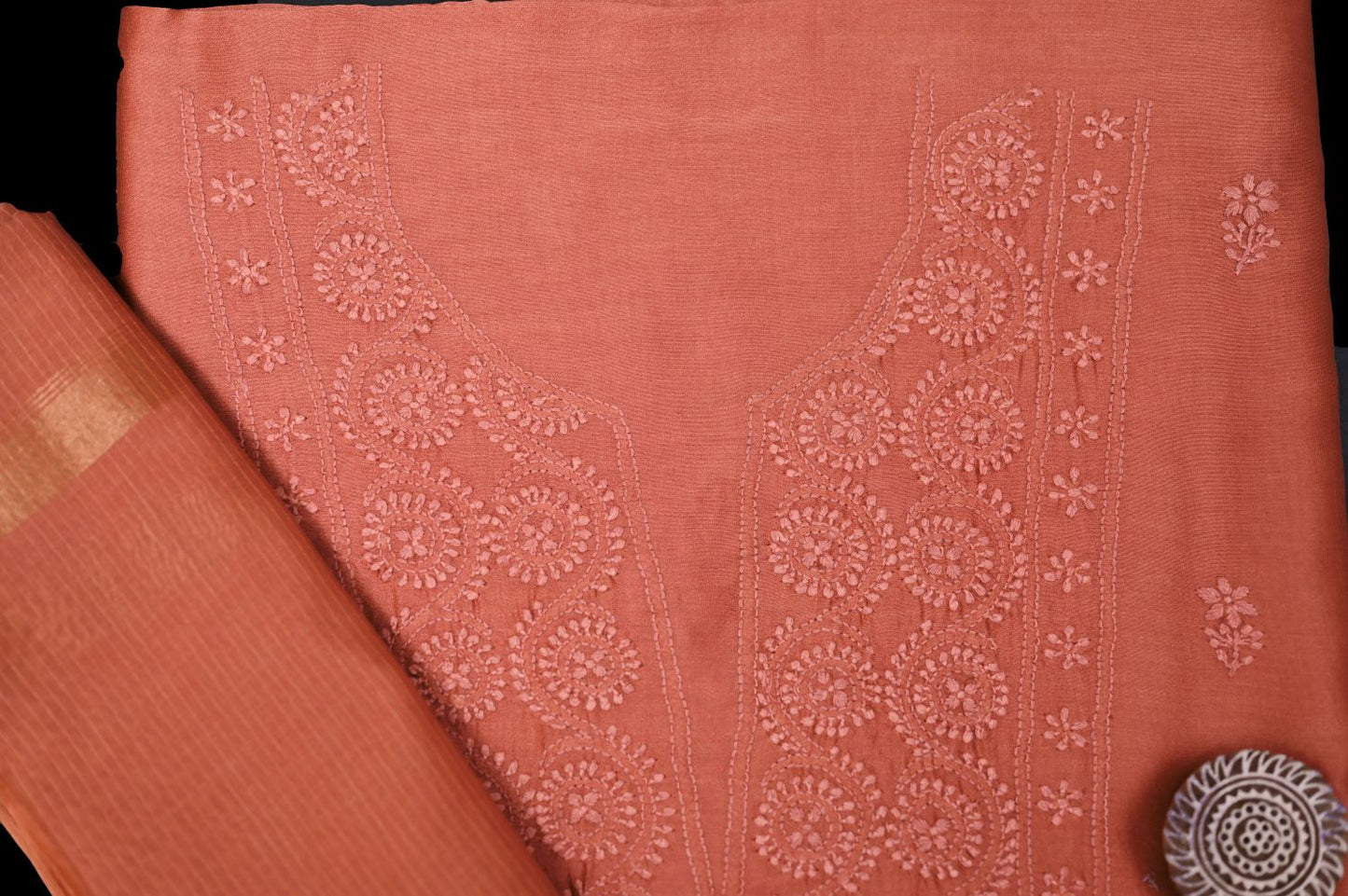 Sunset Rust Chanderi Chikankari Unstitched Suit Set