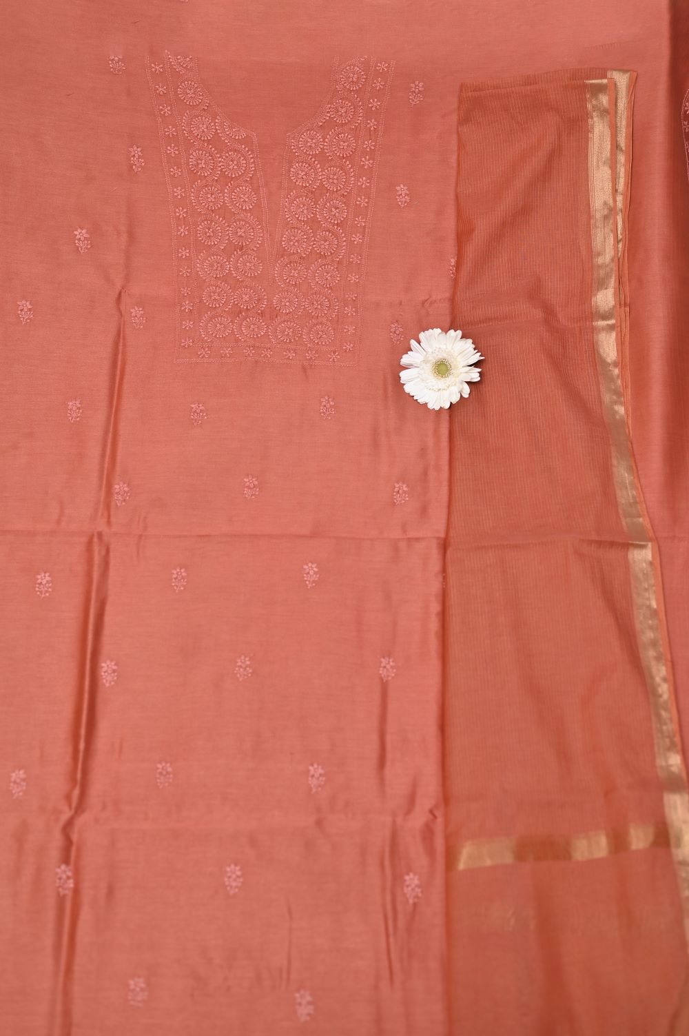 Sunset Rust Chanderi Chikankari Unstitched Suit Set