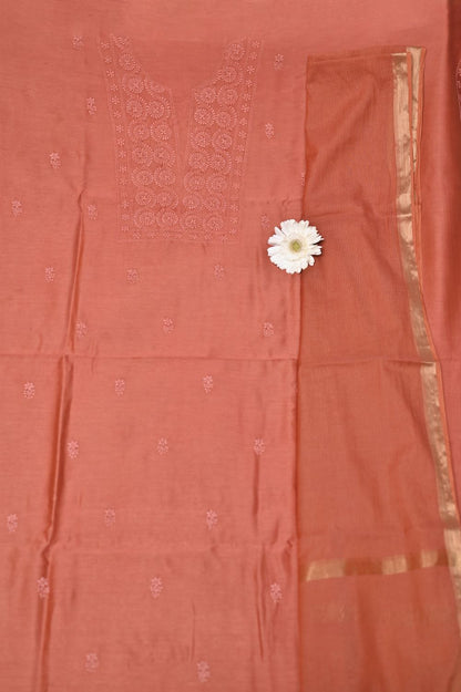 Sunset Rust Chanderi Chikankari Unstitched Suit Set