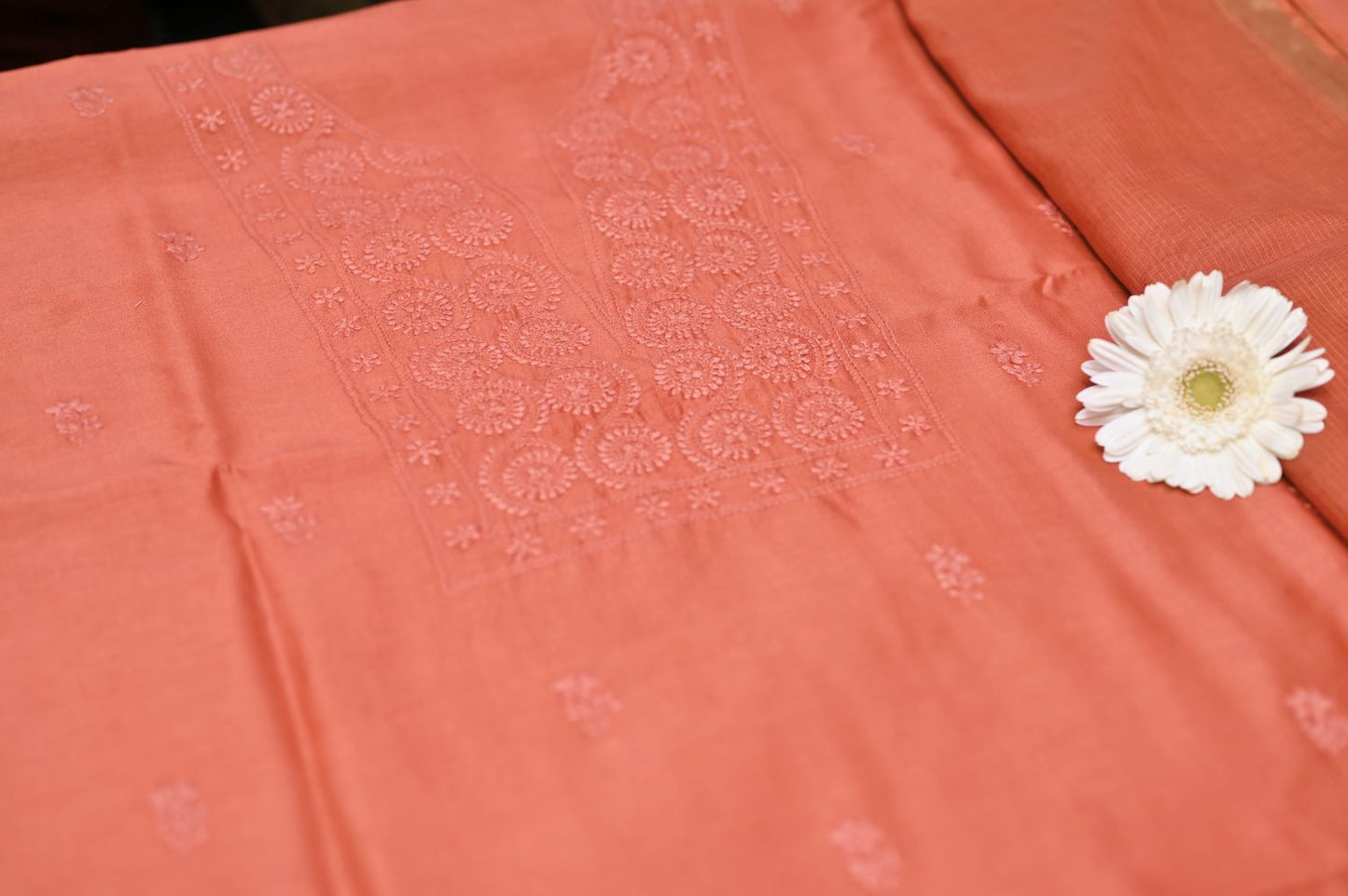 Sunset Rust Chanderi Chikankari Unstitched Suit Set