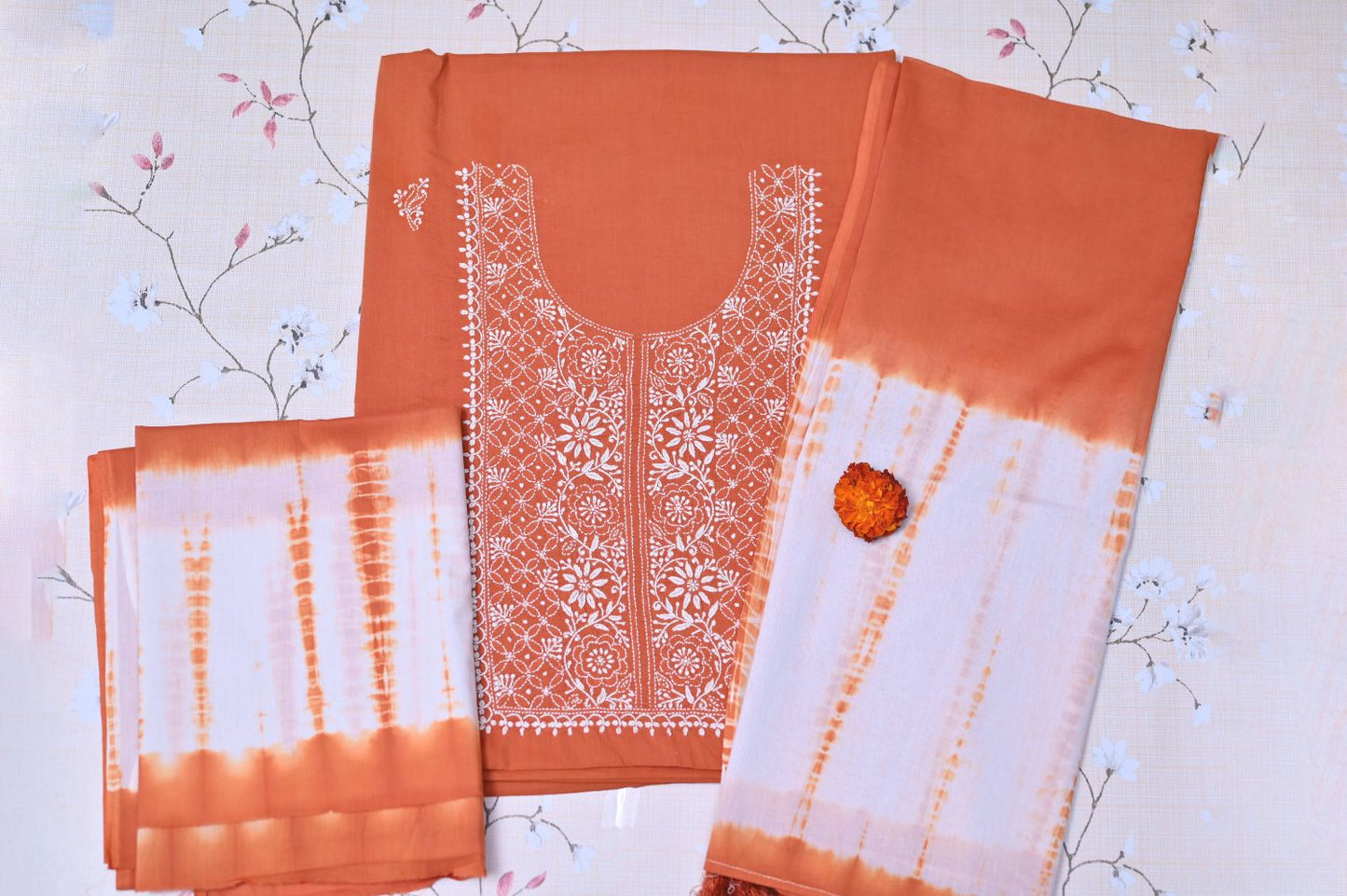 Rust Orange Tie and Dye Soft Cotton  Unstitched Chikankari Suit Set
