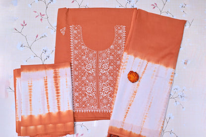 Rust Orange Tie and Dye Soft Cotton  Unstitched Chikankari Suit Set