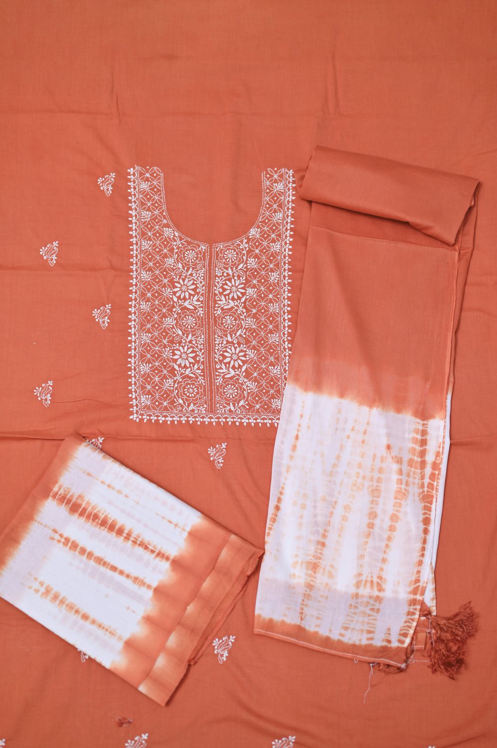 Rust Orange Tie and Dye Soft Cotton  Unstitched Chikankari Suit Set