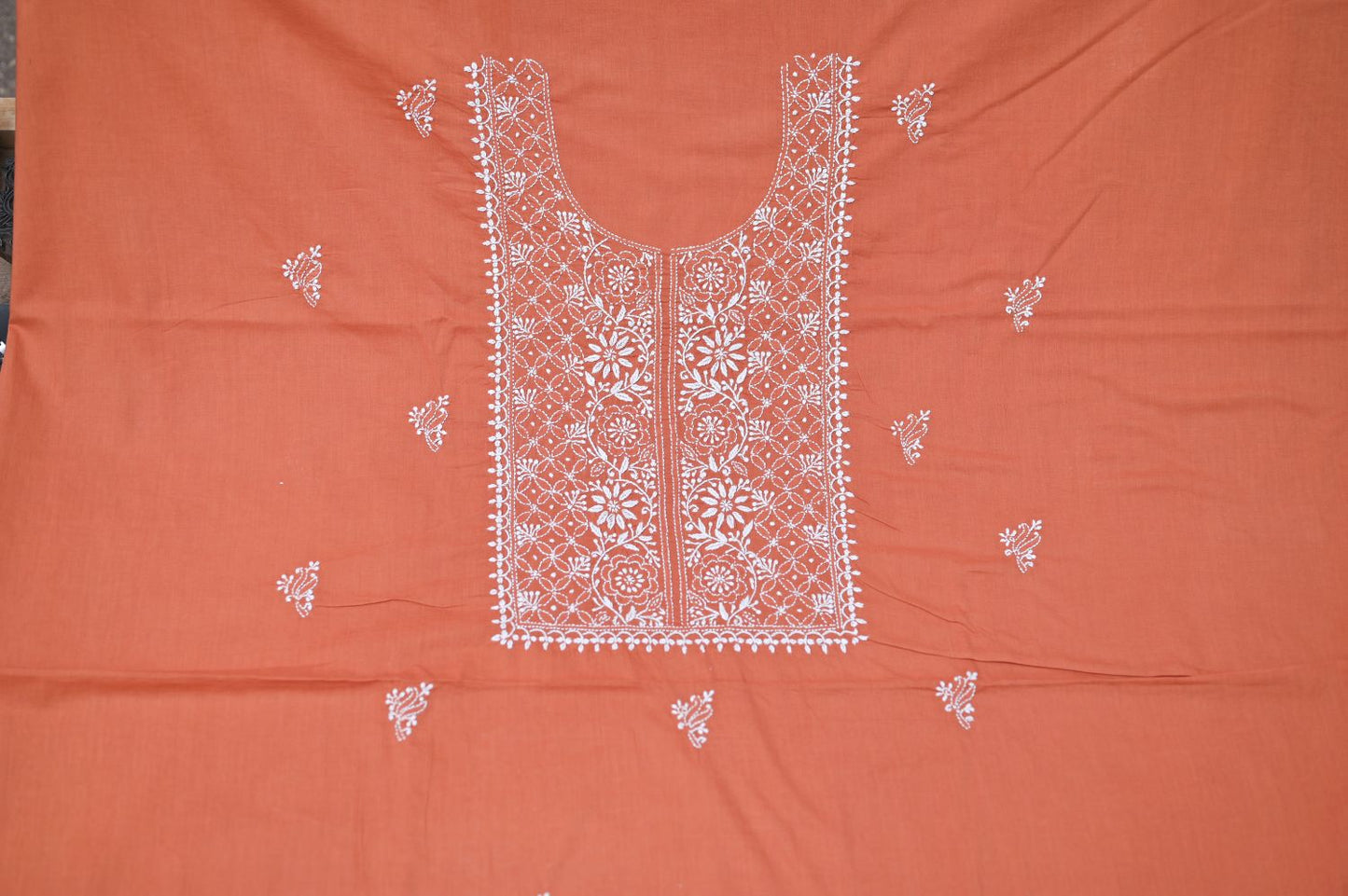 Rust Orange Tie and Dye Soft Cotton  Unstitched Chikankari Suit Set