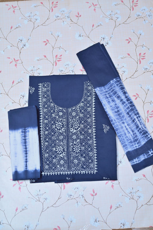 Cloud Blue Tie and Dye Soft Cotton  Unstitched Chikankari Suit Set
