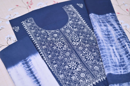 Cloud Blue Tie and Dye Soft Cotton  Unstitched Chikankari Suit Set