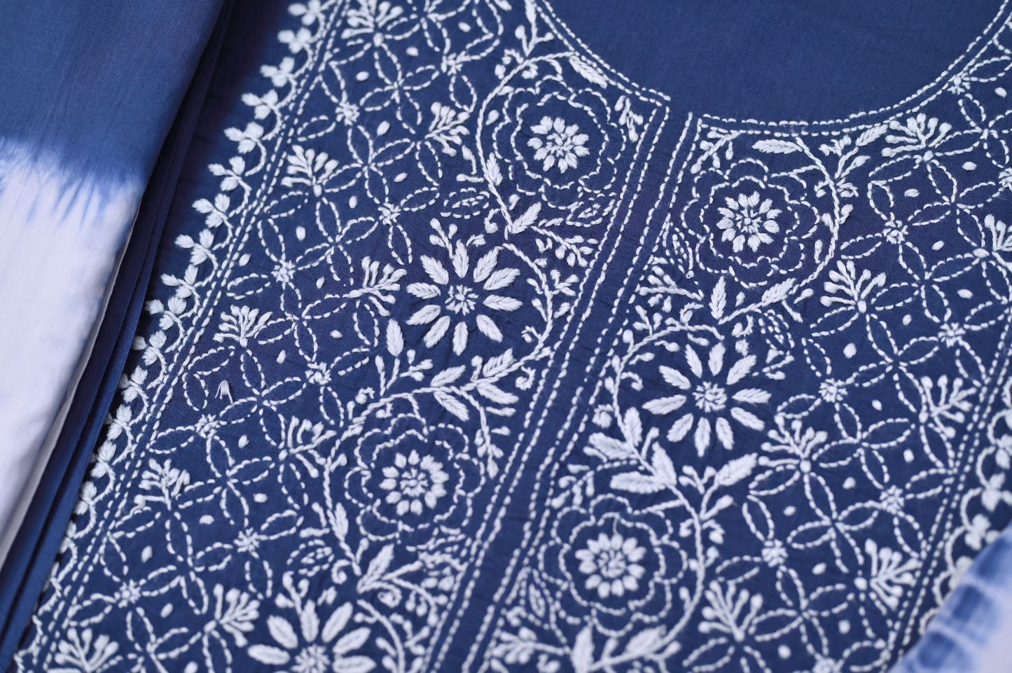 Cloud Blue Tie and Dye Soft Cotton  Unstitched Chikankari Suit Set