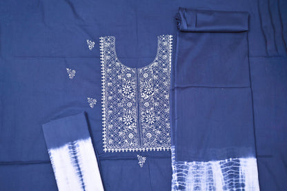 Cloud Blue Tie and Dye Soft Cotton  Unstitched Chikankari Suit Set