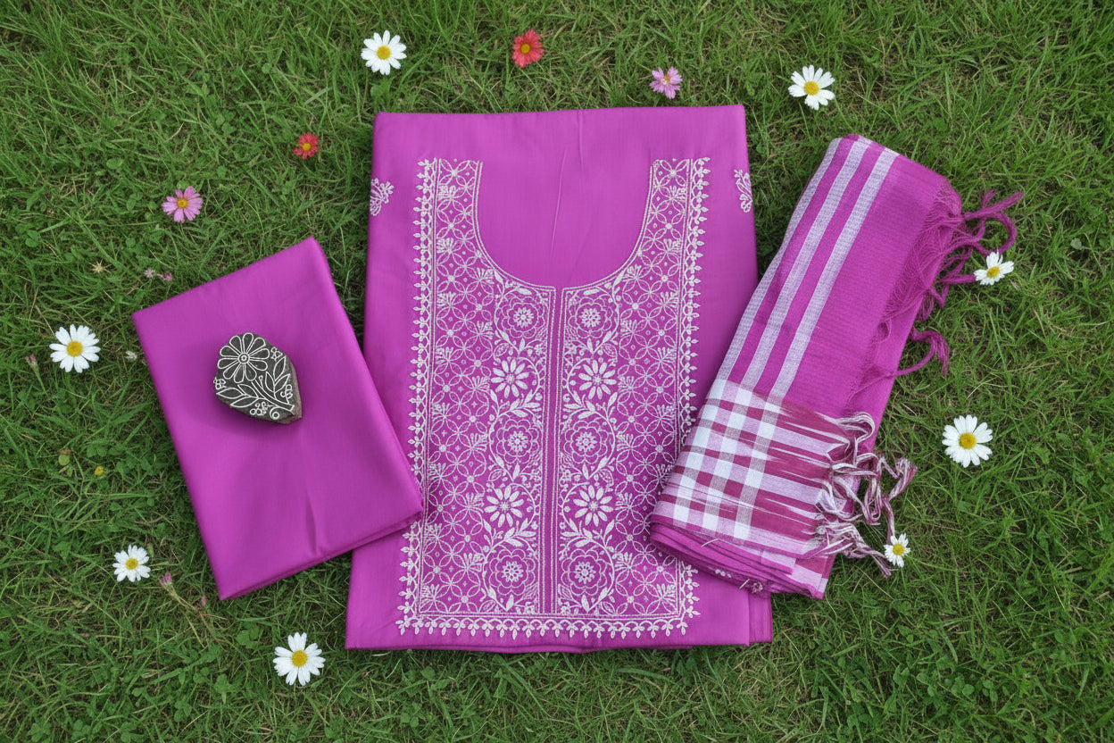 Purple embroidered fabric with white chikankari embroidery, purple base color, ikkat pattern dupatta