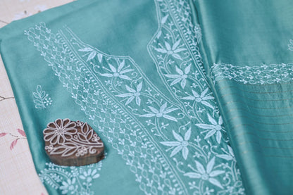 Turquoise Green Chanderi Chikankari Unstitched suit set