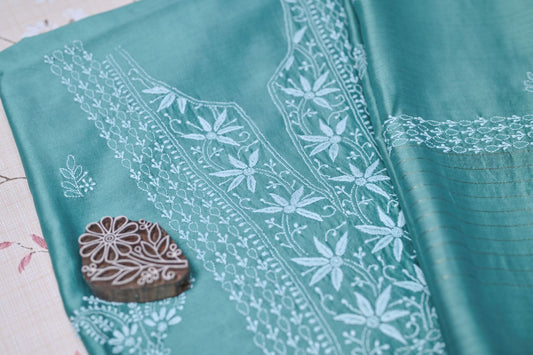 Turquoise Green Chanderi Chikankari Unstitched suit set