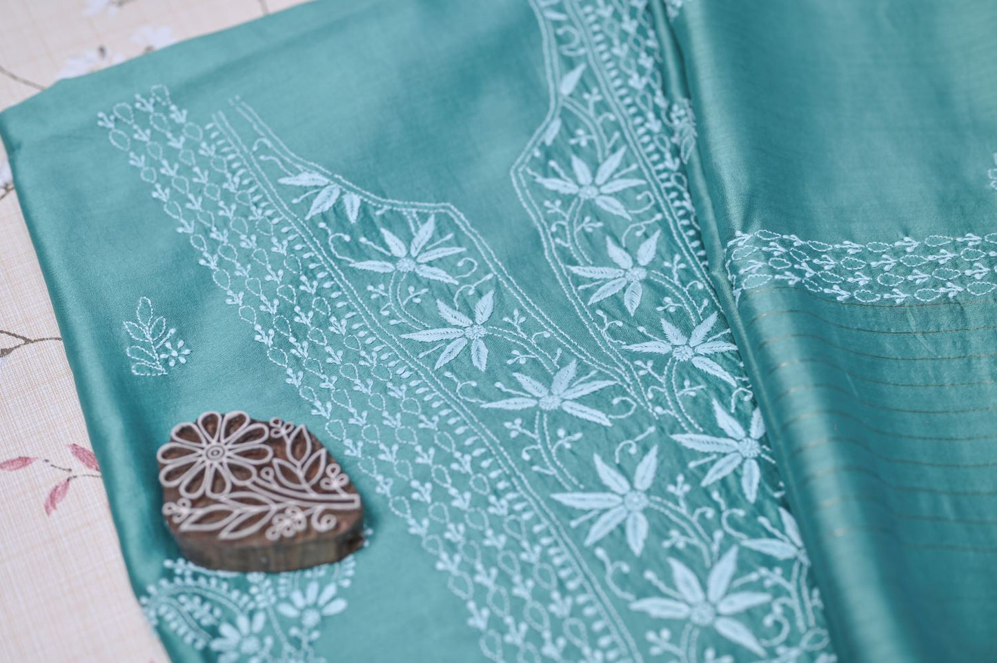 Turquoise Green Chanderi Chikankari Unstitched suit set