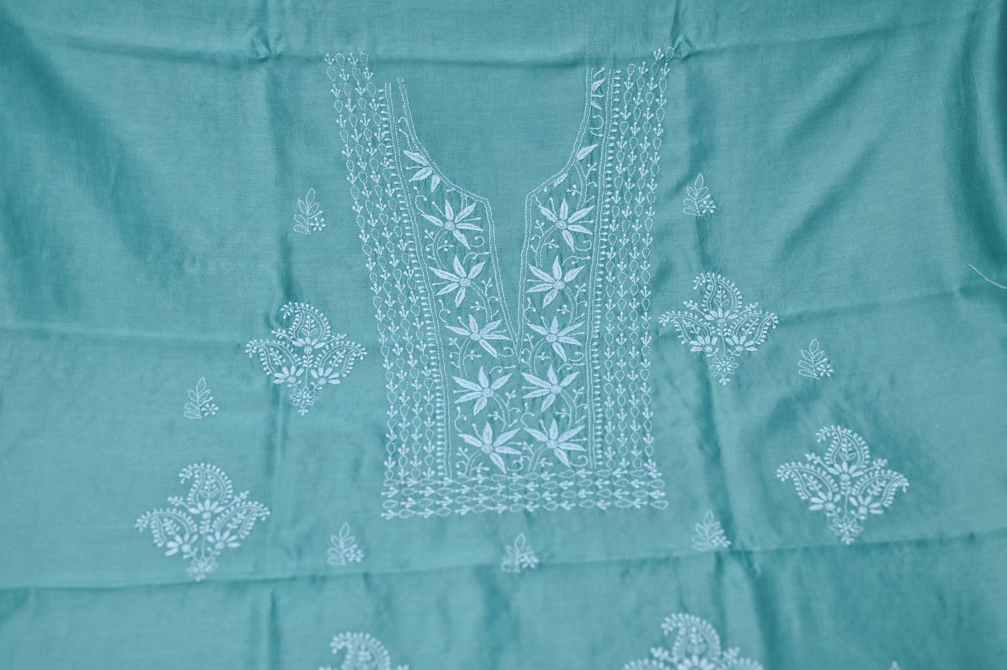Turquoise Green Chanderi Chikankari Unstitched suit set
