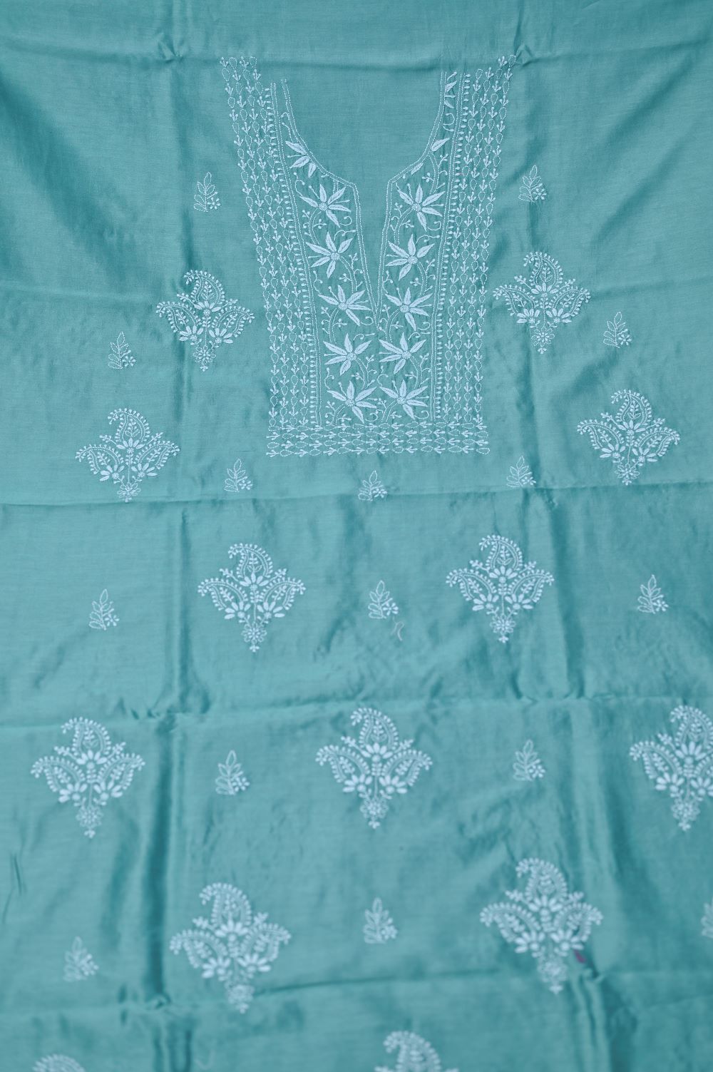 Turquoise Green Chanderi Chikankari Unstitched suit set