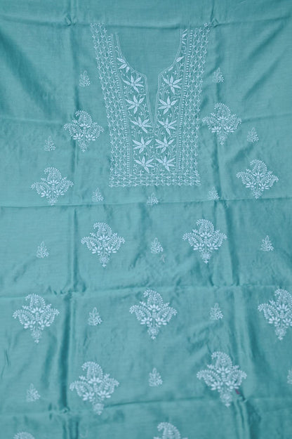 Turquoise Green Chanderi Chikankari Unstitched suit set