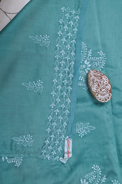 Turquoise Green Chanderi Chikankari Unstitched suit set