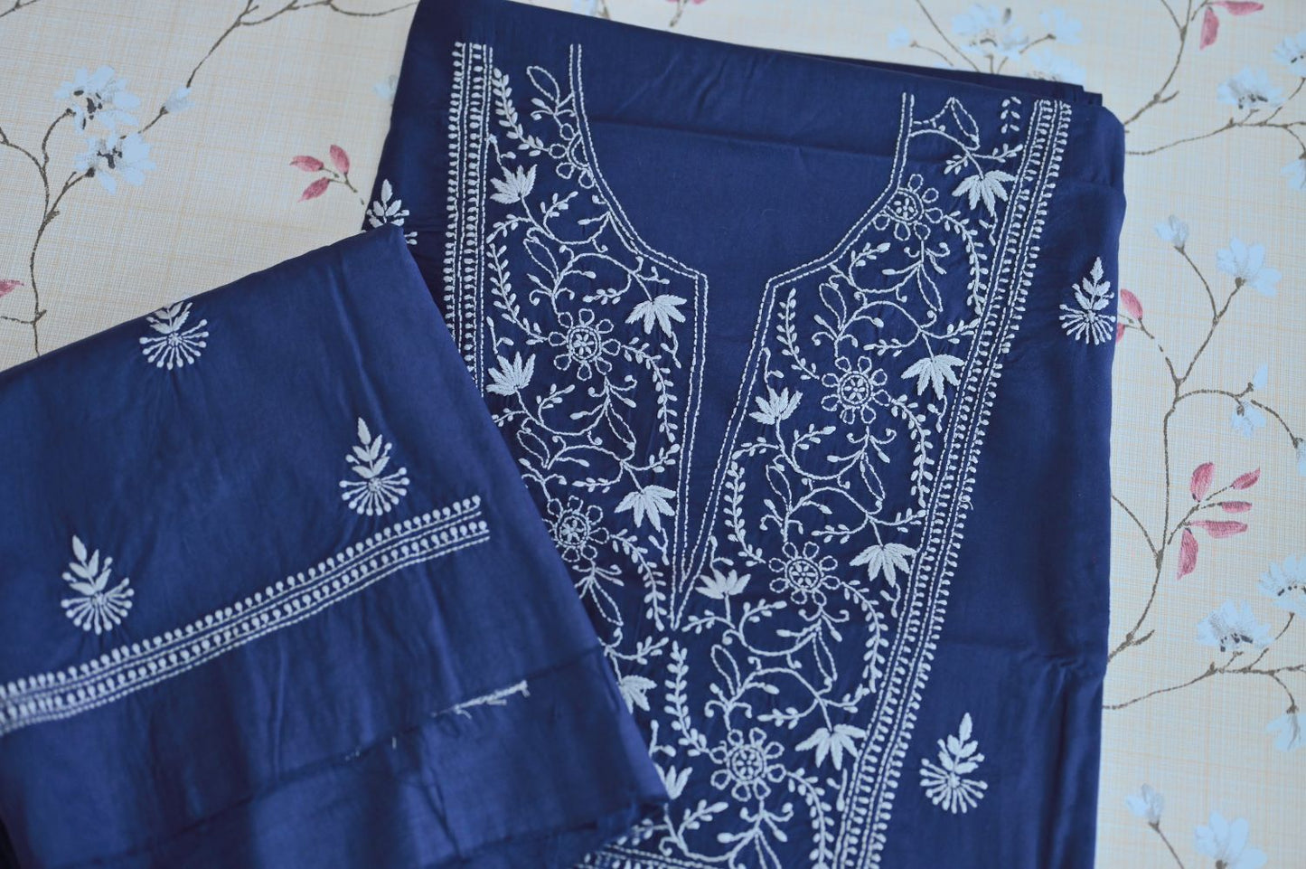 Navy Blue Mul Cotton Chikankari Unstitched Kurta-Pant set