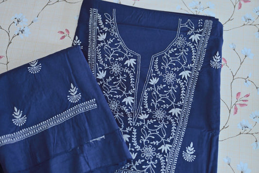 Navy Blue Mul Cotton Chikankari Unstitched Kurta-Pant set