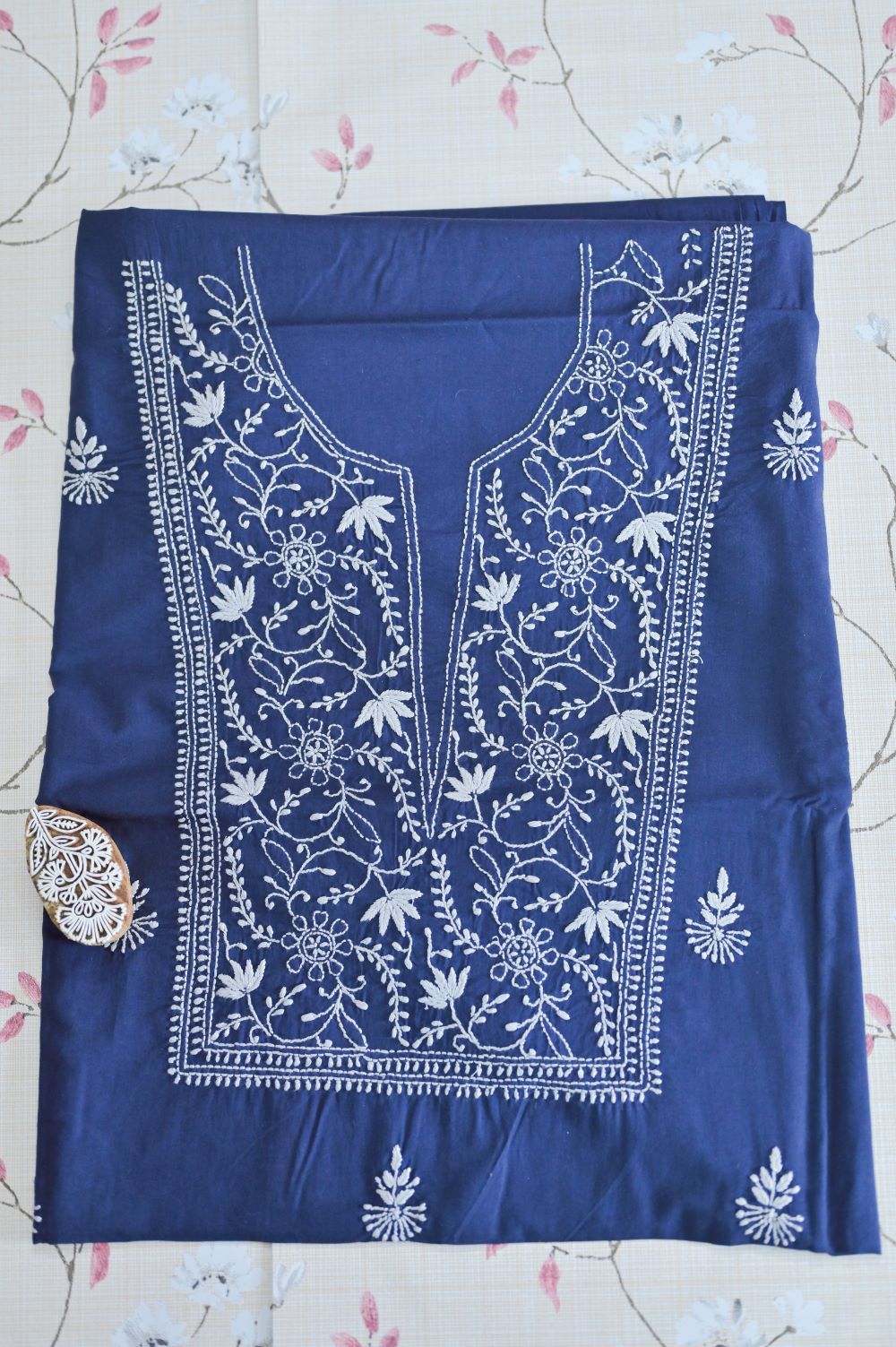 Navy Blue Mul Cotton Chikankari Unstitched Kurta-Pant set
