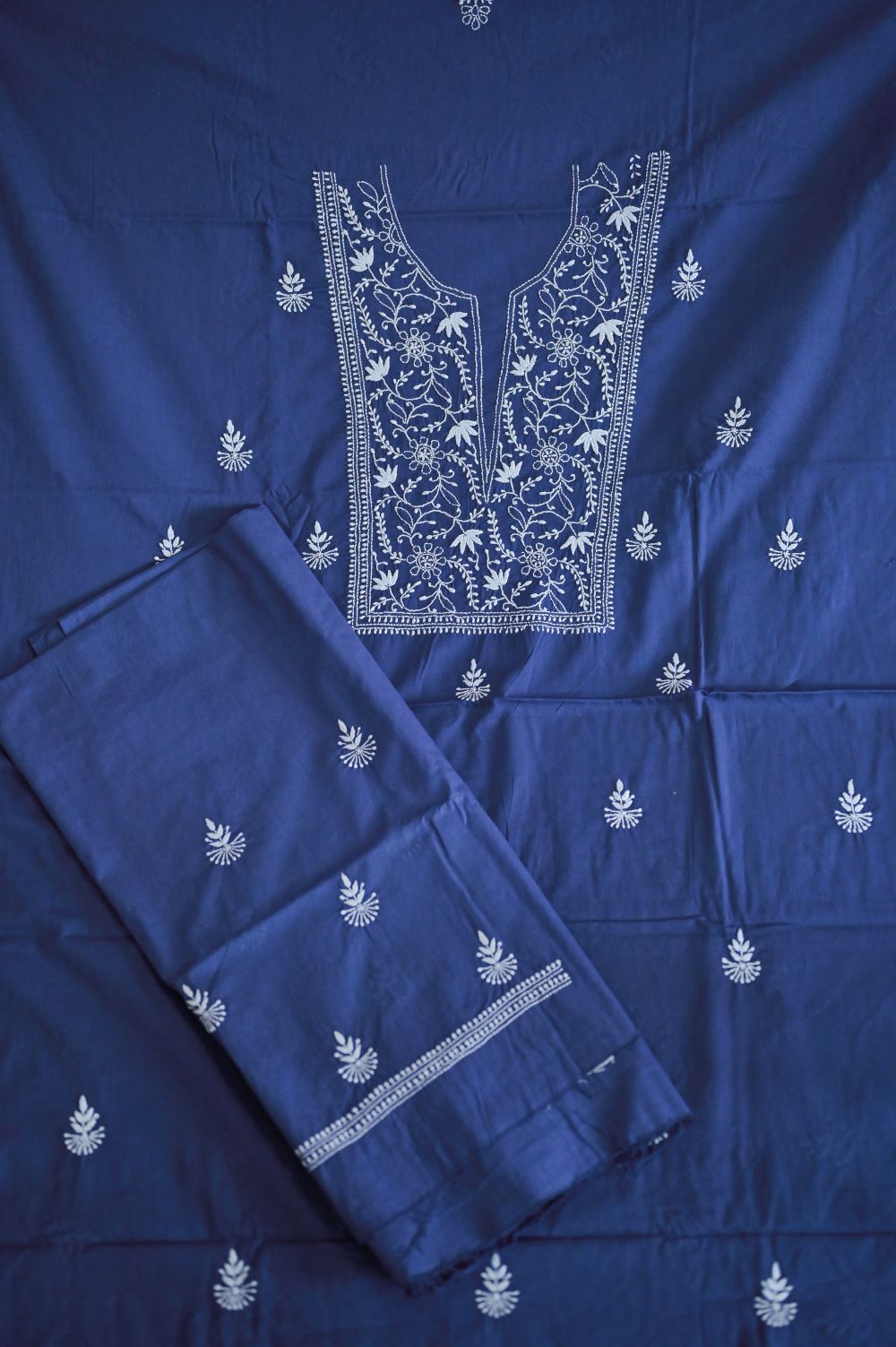 Navy Blue Mul Cotton Chikankari Unstitched Kurta-Pant set