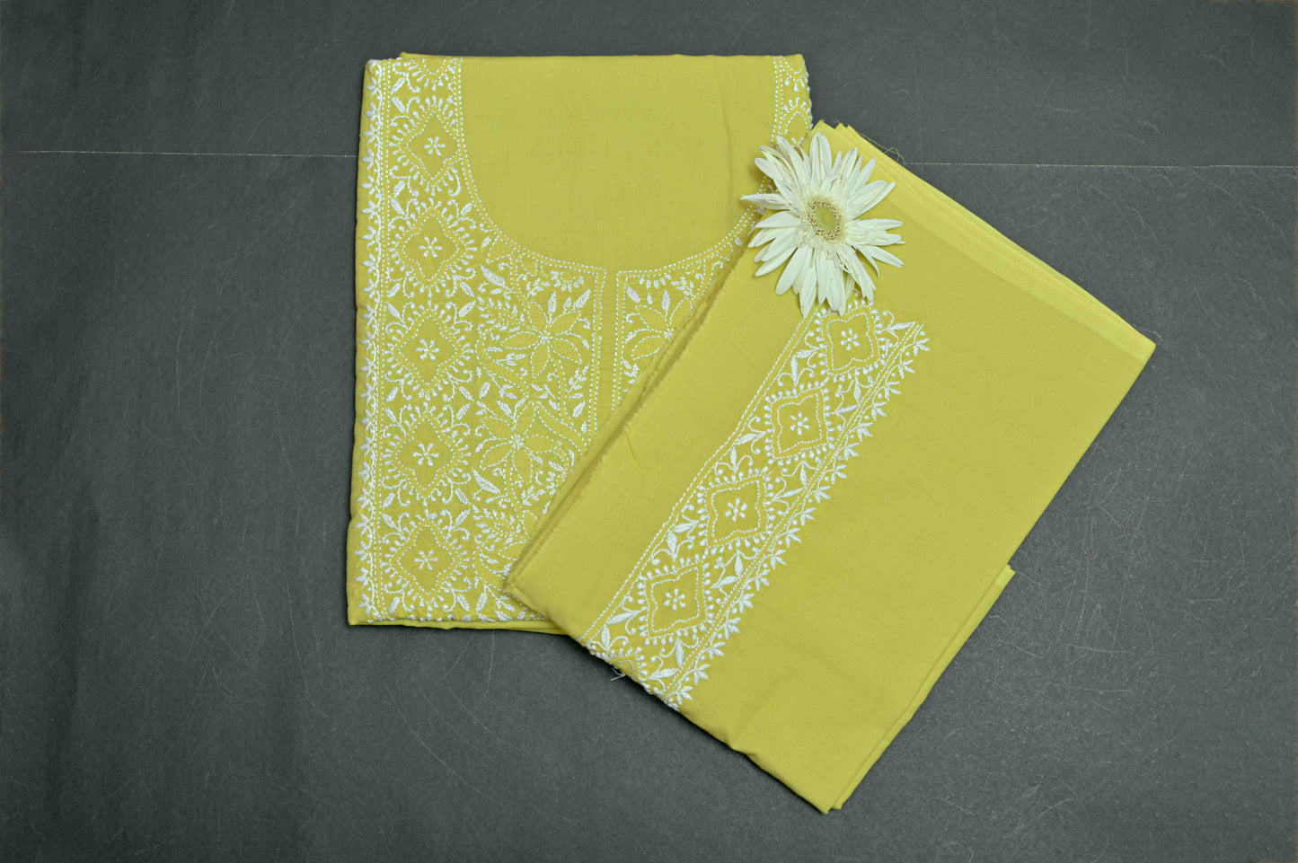 Golden Lemongrass Cotton Unstitched Chikankari Kurta Pant Set
