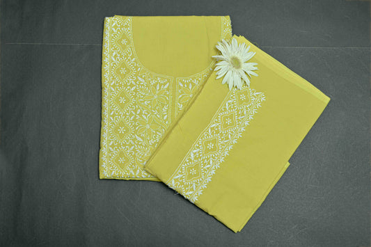 Golden Lemongrass Cotton Unstitched Chikankari Kurta Pant Set