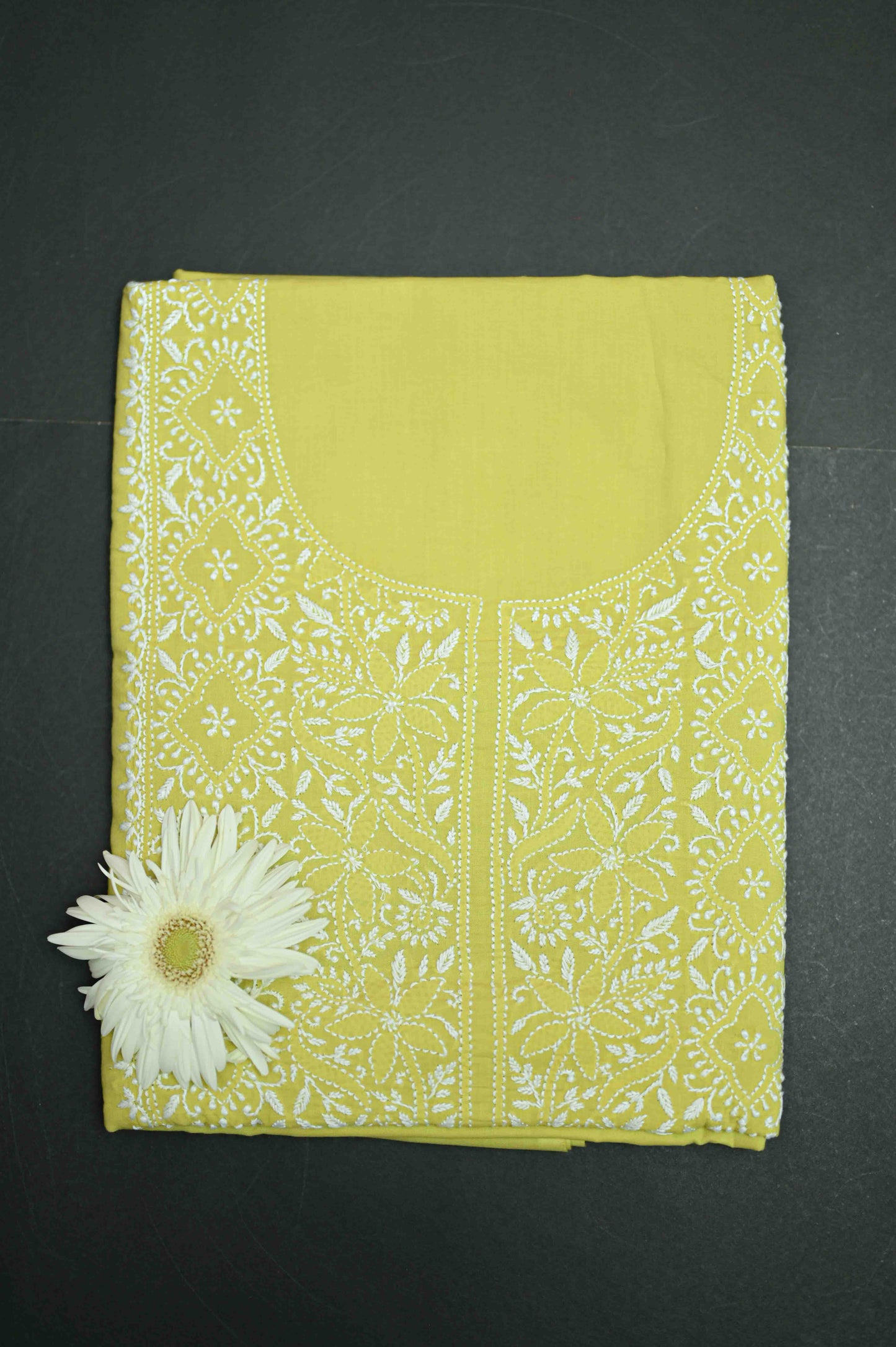 Golden Lemongrass Cotton Unstitched Chikankari Kurta Pant Set