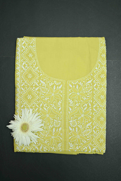 Golden Lemongrass Cotton Unstitched Chikankari Kurta Pant Set