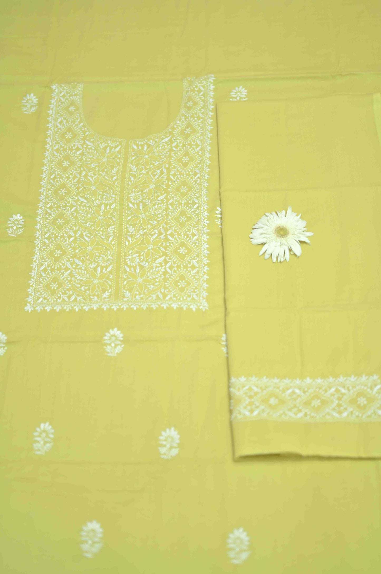 Golden Lemongrass Cotton Unstitched Chikankari Kurta Pant Set