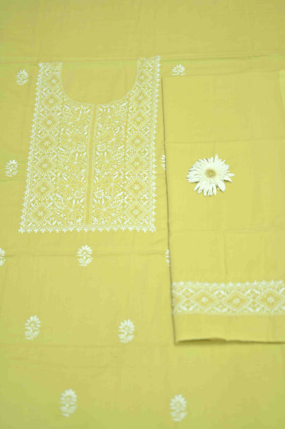 Golden Lemongrass Cotton Unstitched Chikankari Kurta Pant Set