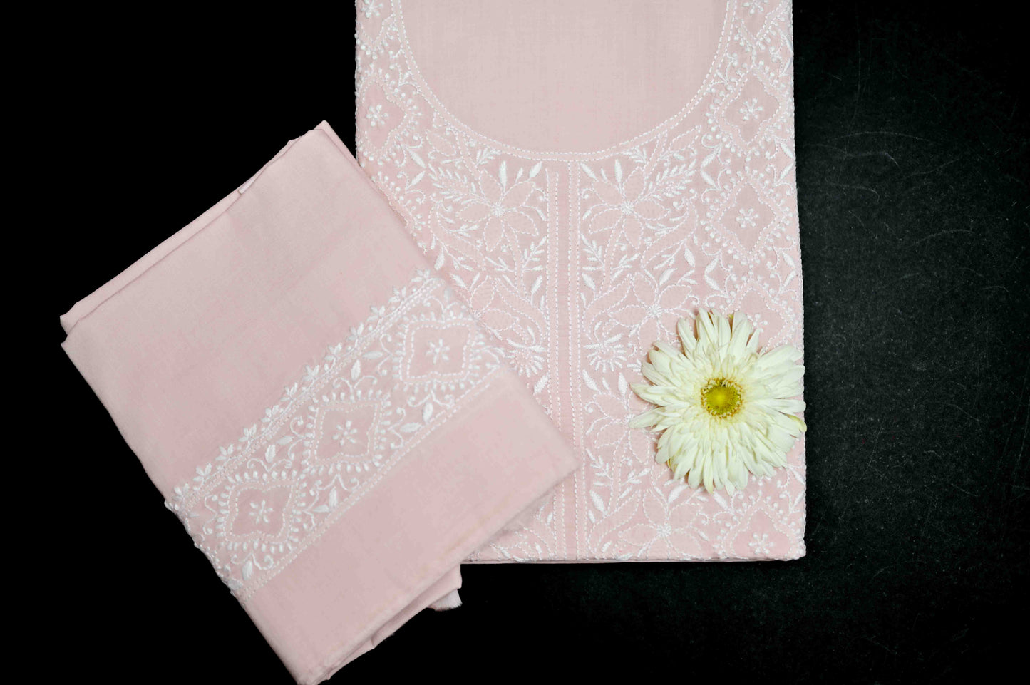 'Vintage Rose' Pink Cotton Unstitched Chikankari Kurta Pant Set
