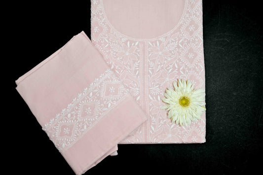 'Vintage Rose' Pink Cotton Unstitched Chikankari Kurta Pant Set