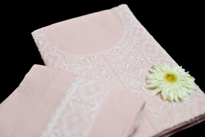 'Vintage Rose' Pink Cotton Unstitched Chikankari Kurta Pant Set